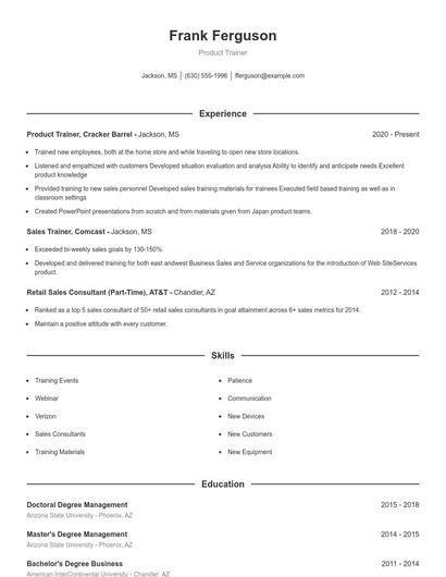 Product Trainer Resume