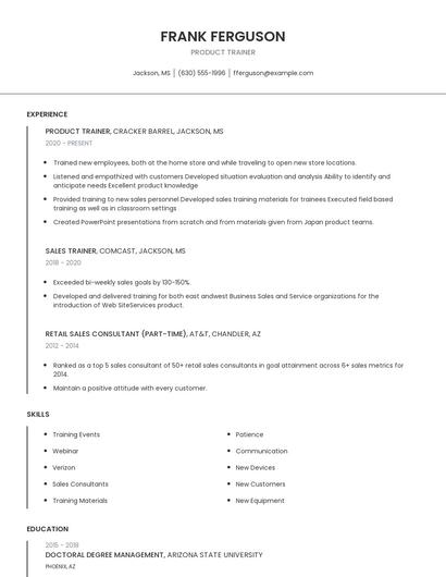 Product Trainer Resume