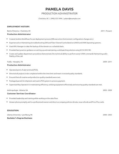 Production Administrator Resume
