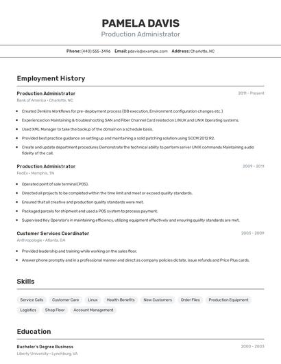 Production Administrator Resume