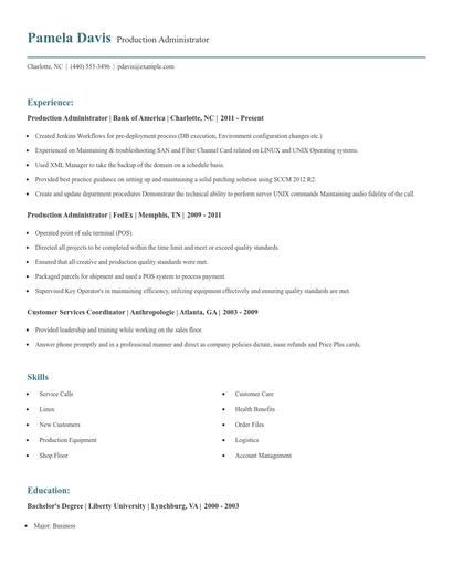 Production Administrator Resume