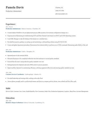 Production Administrator Resume