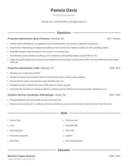 Production Administrator Resume