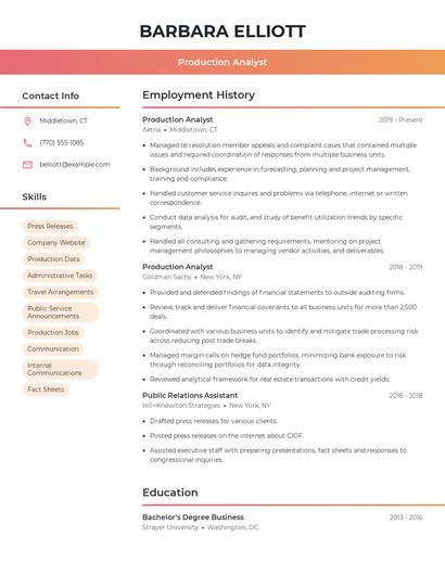 Production Analyst Resume