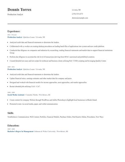 Production Analyst Resume