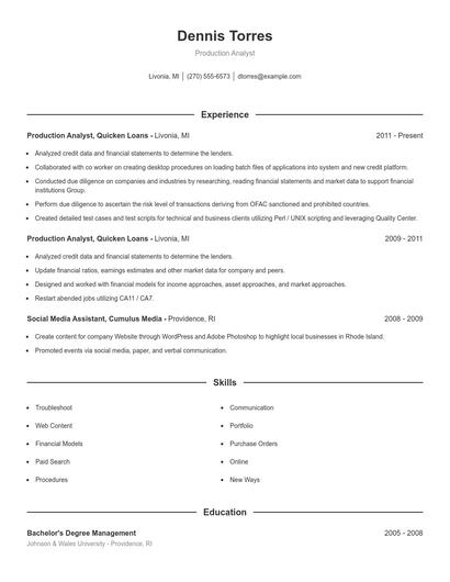 Production Analyst Resume