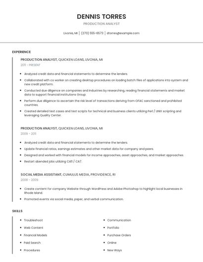 Production Analyst Resume