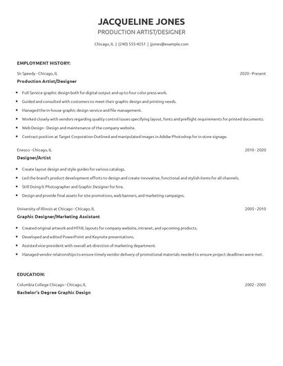 Production Artist/Designer Resume