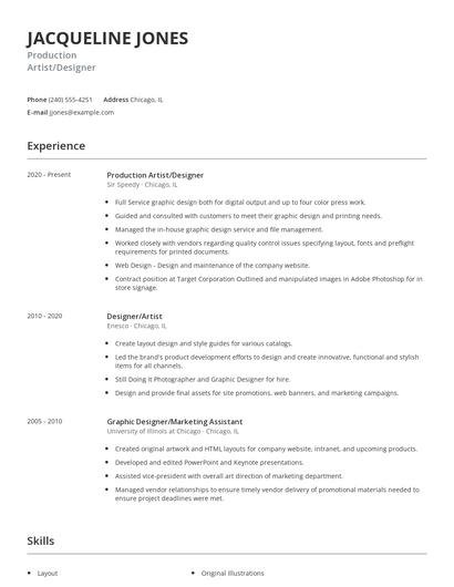 Production Artist/Designer Resume
