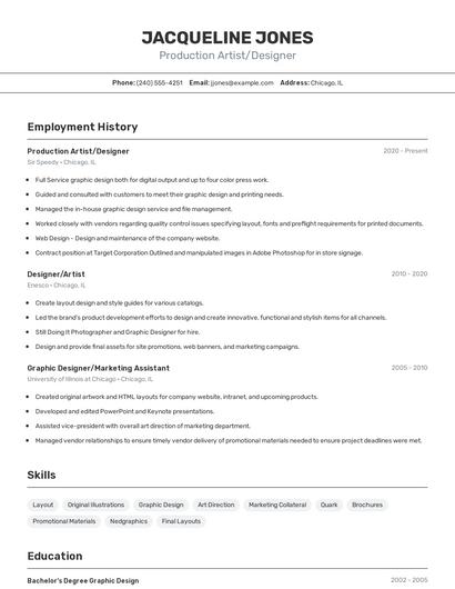 Production Artist/Designer Resume