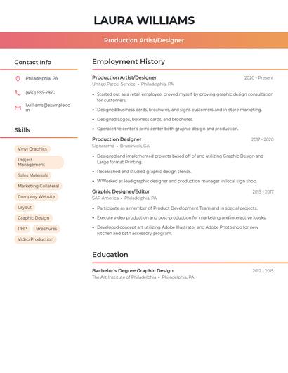 Production Artist/Designer Resume