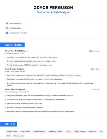 Production Artist/Designer Resume