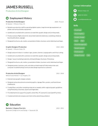 Production Artist/Designer Resume