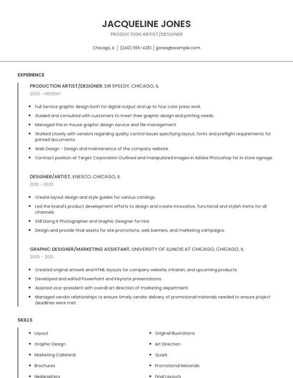 Production Artist/Designer Resume