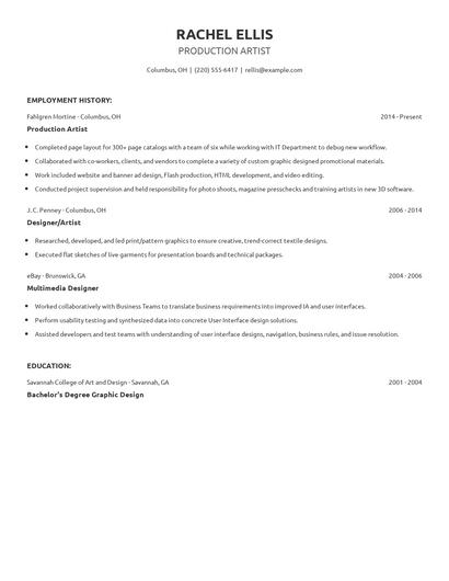 Production Artist Resume