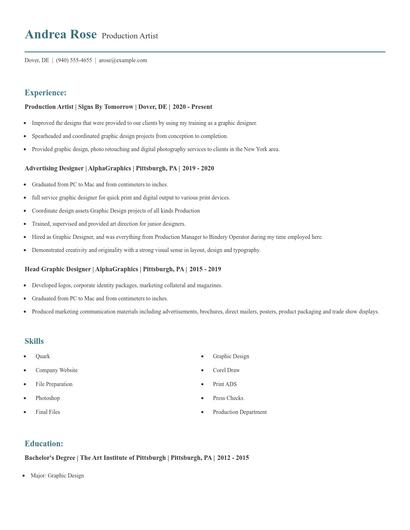 Production Artist Resume