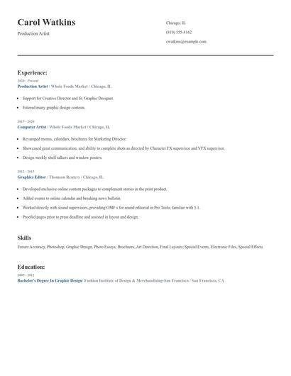 Production Artist Resume