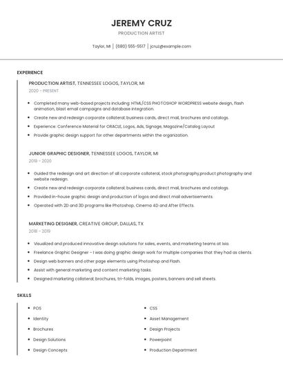 Production Artist Resume