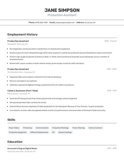Production Assistant Resume