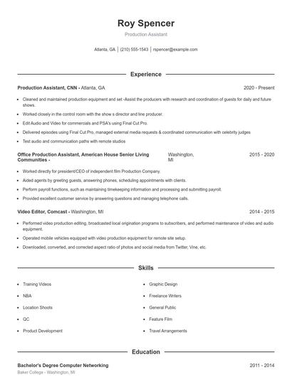 Production Assistant Resume