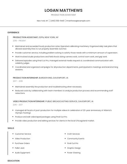 Production Assistant Resume