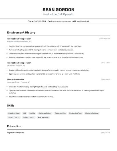 Production Cell Operator Resume