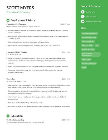 Production Cell Operator Resume