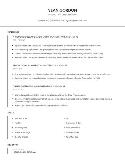 Production Cell Operator Resume