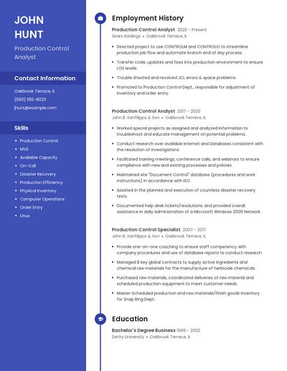 Production Control Analyst Resume