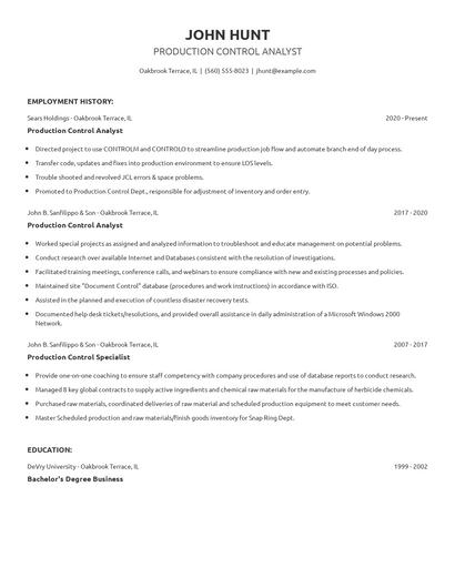Production Control Analyst Resume