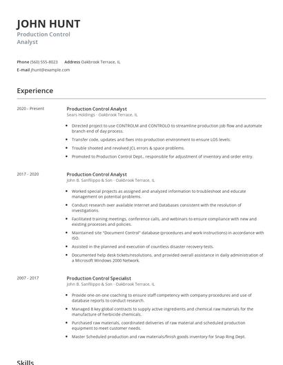 Production Control Analyst Resume