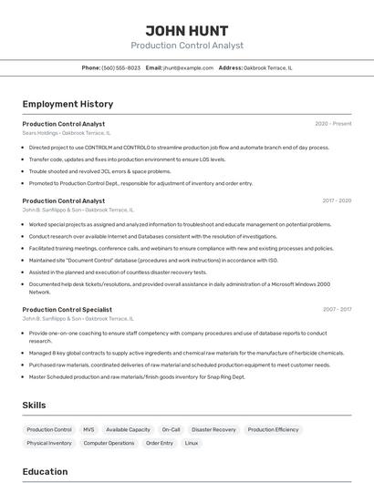 Production Control Analyst Resume