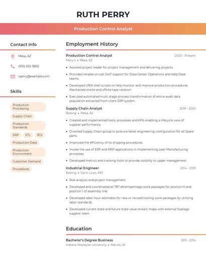 Production Control Analyst Resume