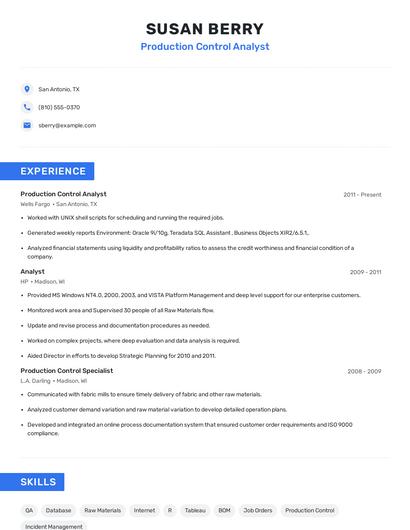 Production Control Analyst Resume