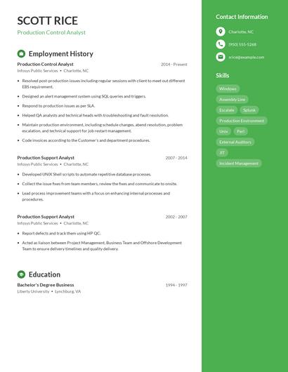 Production Control Analyst Resume