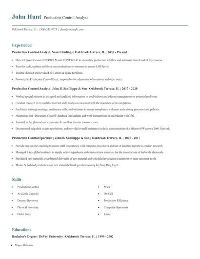 Production Control Analyst Resume