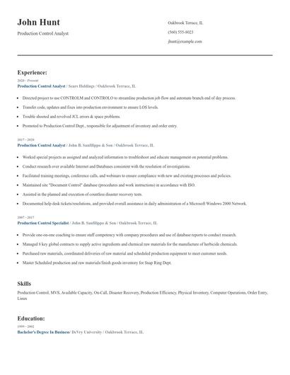 Production Control Analyst Resume