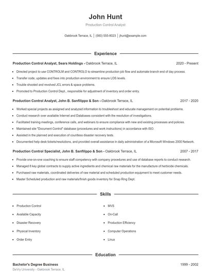 Production Control Analyst Resume
