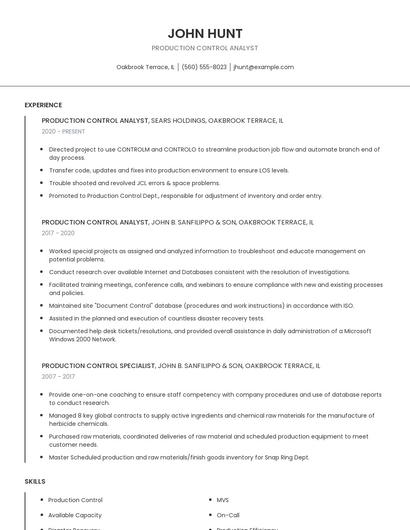 Production Control Analyst Resume