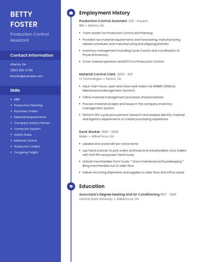 Production Control Assistant Resume
