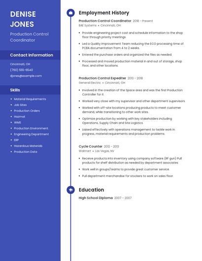 Production Control Coordinator Resume