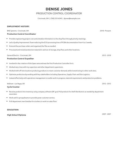 Production Control Coordinator Resume