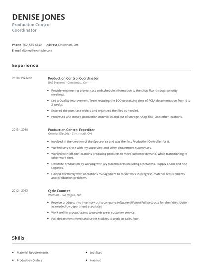 Production Control Coordinator Resume