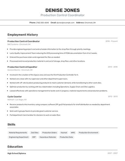 Production Control Coordinator Resume