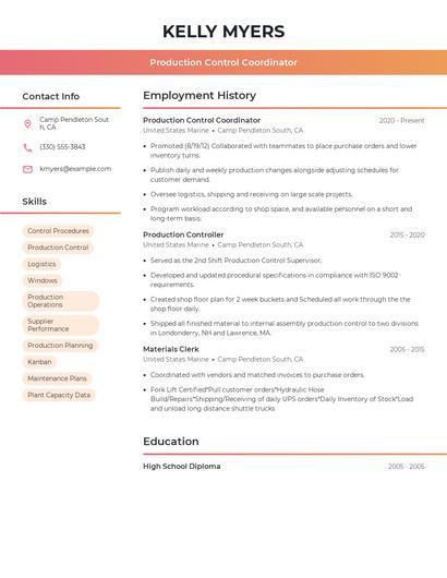 Production Control Coordinator Resume