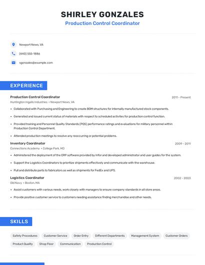 Production Control Coordinator Resume