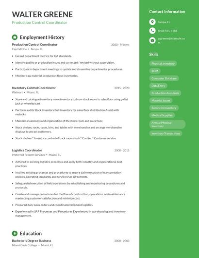 Production Control Coordinator Resume