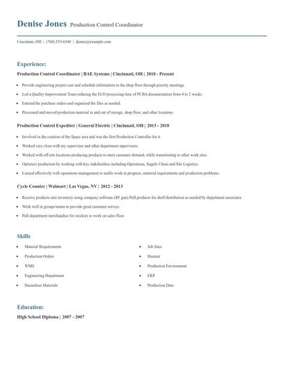 Production Control Coordinator Resume