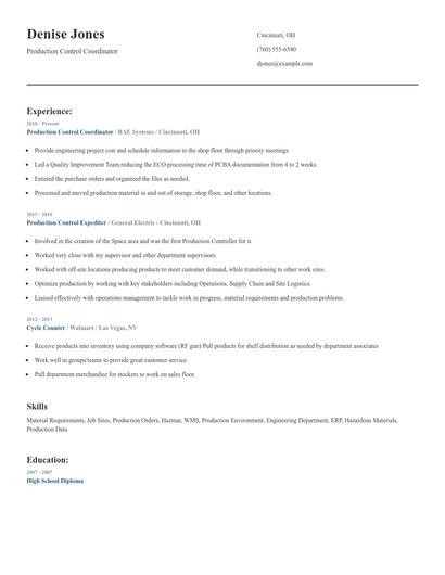Production Control Coordinator Resume