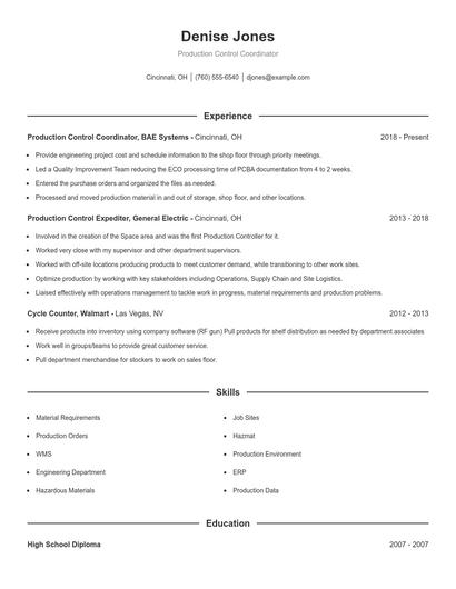 Production Control Coordinator Resume